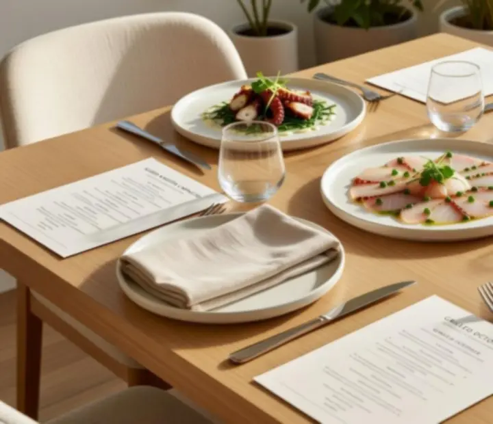 Sunlit restaurant table set with seasonal Australian dishes