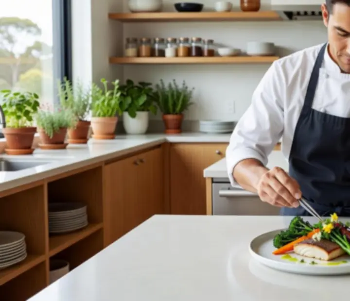 Chef carefully plating a modern Australian dish
