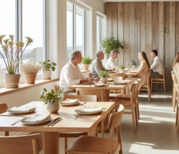 Light-filled Australian coastal dining room with ivory tones and timber finishes