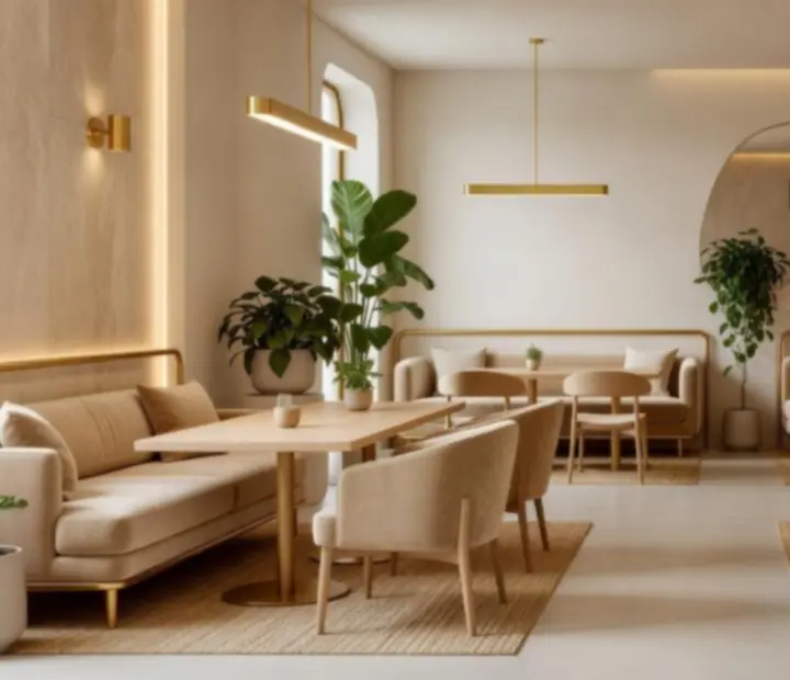Sunlit coastal interior with ivory tones, greenery, and timber details
