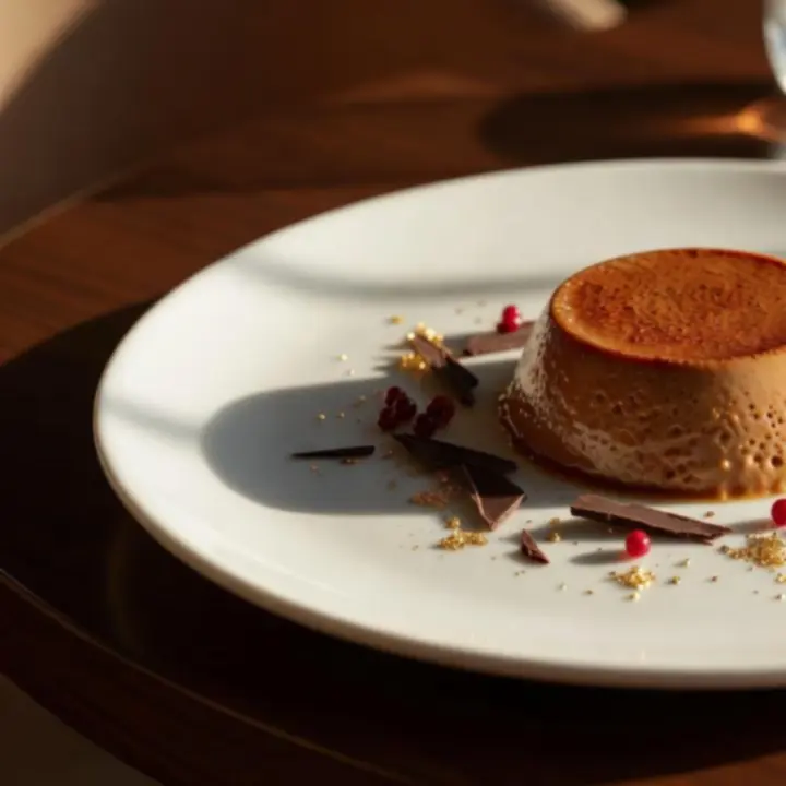 Freshly plated dessert with seasonal fruit and delicate garnishes