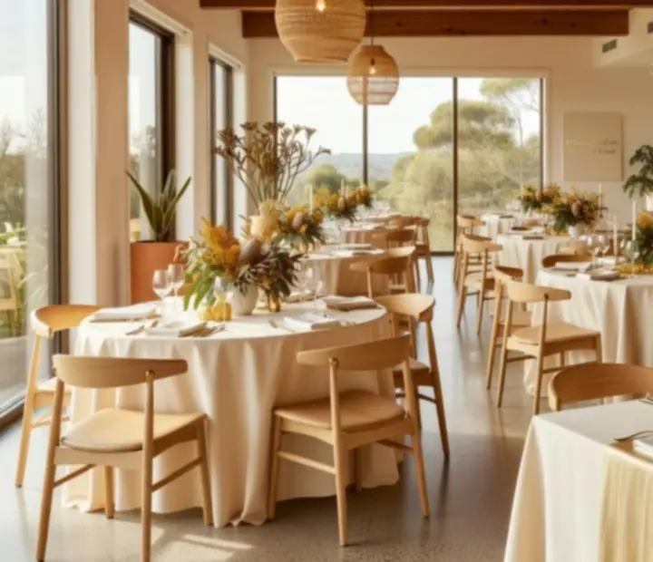 Full restaurant venue prepared for an exclusive private event with long tables and soft coastal lighting
