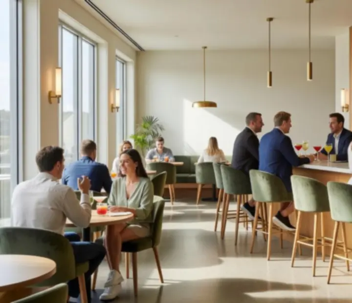 Sunlit modern Australian cocktail bar with brushed gold accents and greenery