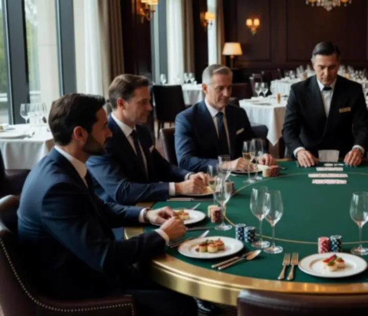 Professionally arranged poker table inside an elegant restaurant setting