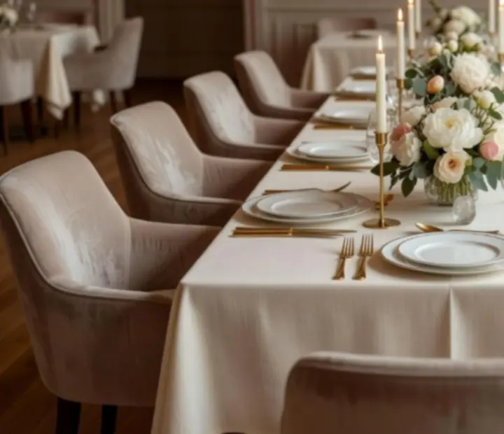 Private event dining room with long table, candles, and coastal styling