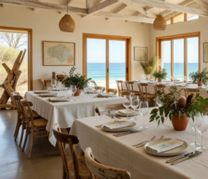 Private function room at Bluffand Brisket, set with coastal-inspired décor for group dining