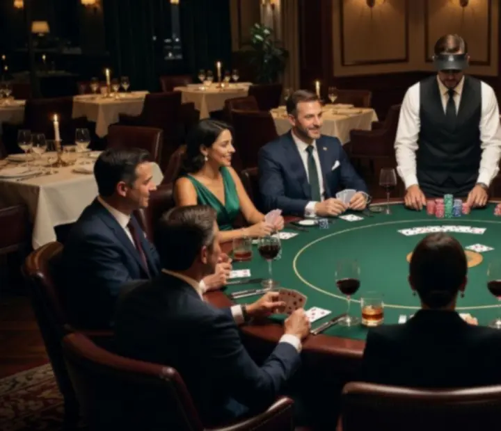 Guests seated around a professionally arranged poker table inside the restaurant