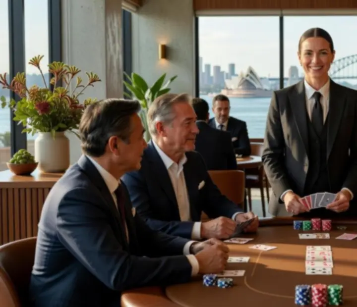 Professional poker dealer hosting an in-person poker table inside a restaurant