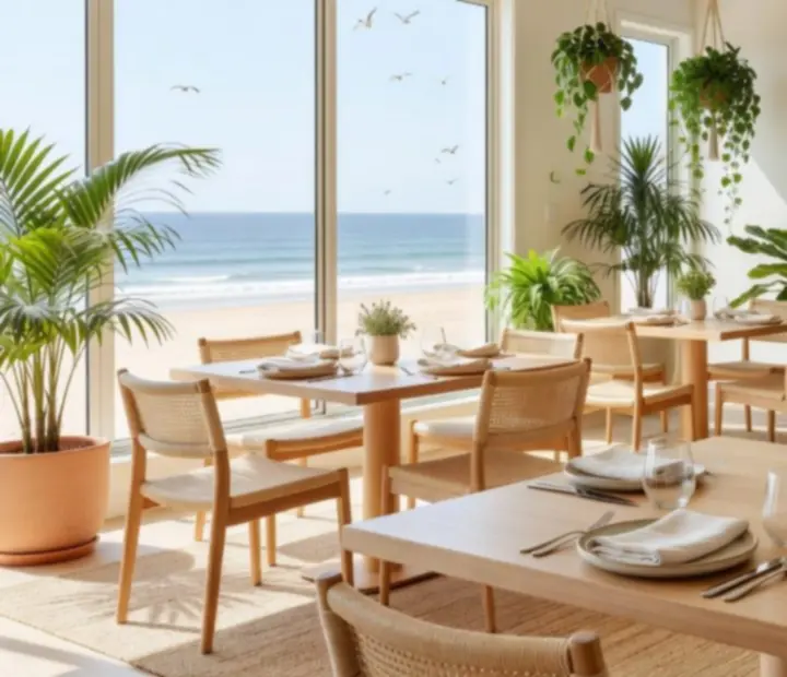 Sunlit Australian restaurant dining room with refined table settings and greenery