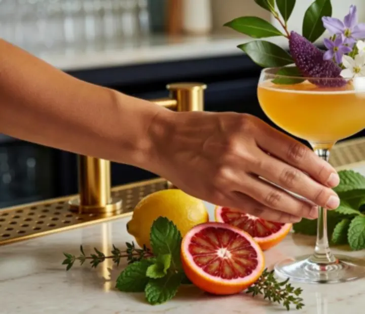 Seasonal cocktail garnished with fresh citrus and herbs on a bar counter
