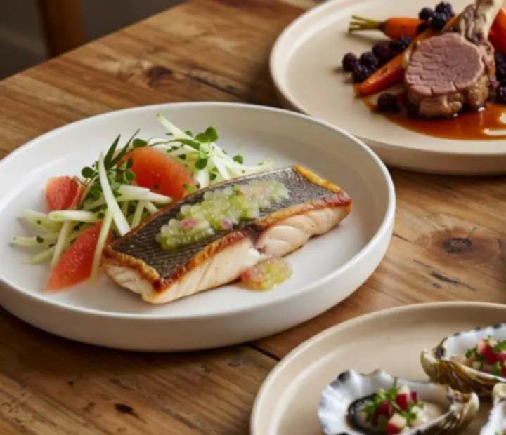 Chef-prepared seasonal Australian dishes presented on a bright restaurant table
