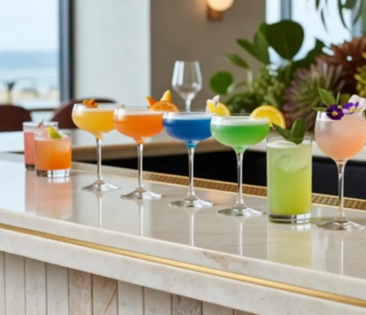 Selection of colourful signature cocktails on a bar counter at Bluffand Brisket