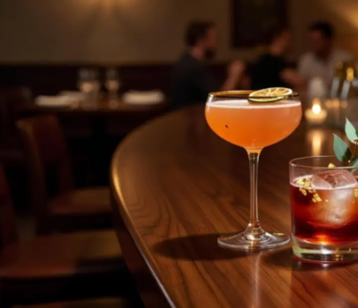 Elegant cocktails and wine glasses styled on a bar with warm coastal light