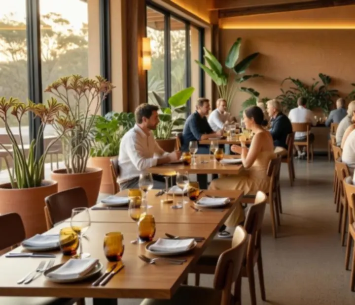 Sunlit Australian restaurant hosting an elegant in-person poker evening